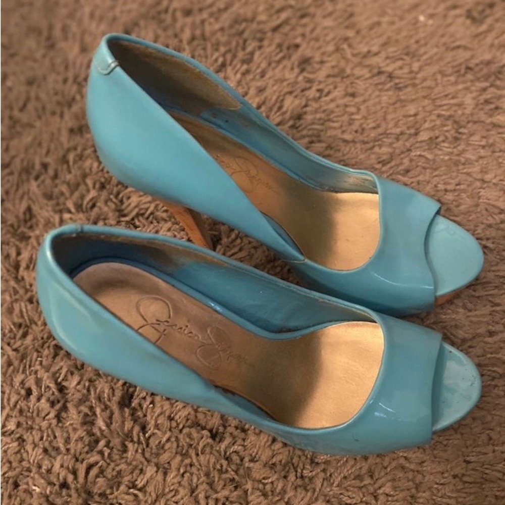 Blue Jessica simpson patent leather & cork heels